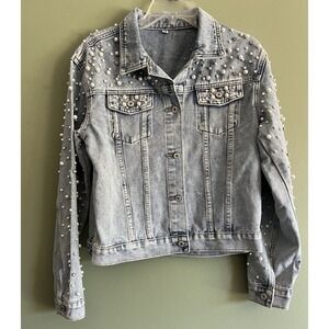 Women's Jeans Jacket Rhinestone Pearl Denim Jacket Embroidered Oversized